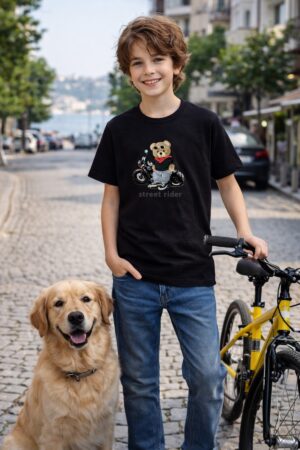 Teddy ayıcık Rider Baskılı Erkek Çocuk T-shirt %100 Pamuk