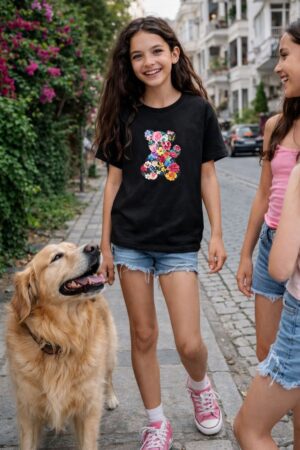 Teddy ayıcık Çiçekli Baskılı Kız Çocuk T-shirt %100 Pamuk