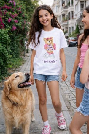 Teddy ayıcık Too Cute Baskılı Kız Çocuk T-shirt %100 Pamuk