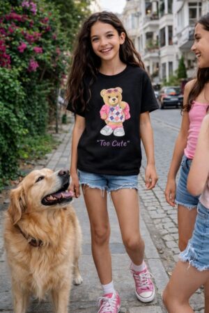 Teddy ayıcık Too Cute Baskılı Kız Çocuk T-shirt %100 Pamuk