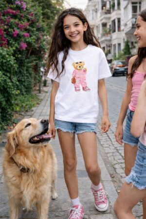 Teddy ayıcık Love Baskılı Kız Çocuk T-shirt %100 Pamuk