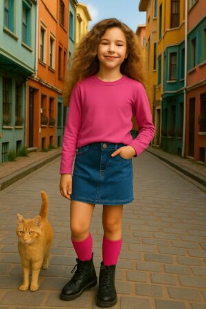 Fuşya Çocuk Uzun Kollu T-shirt Kız - Erkek Unisex %100 Pamuk