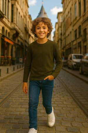 Haki Çocuk Uzun Kollu T-shirt Kız - Erkek Unisex %100 Pamuk