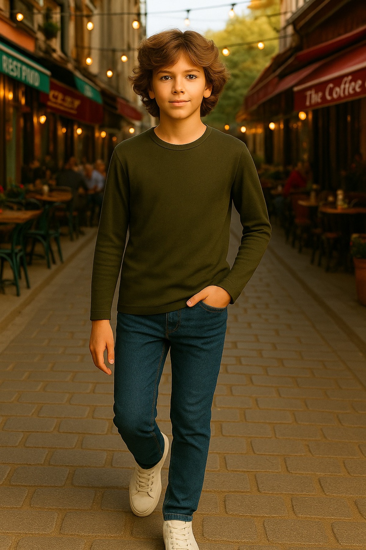 Haki Çocuk Uzun Kollu T-shirt Kız - Erkek Unisex %100 Pamuk - Görsel 3