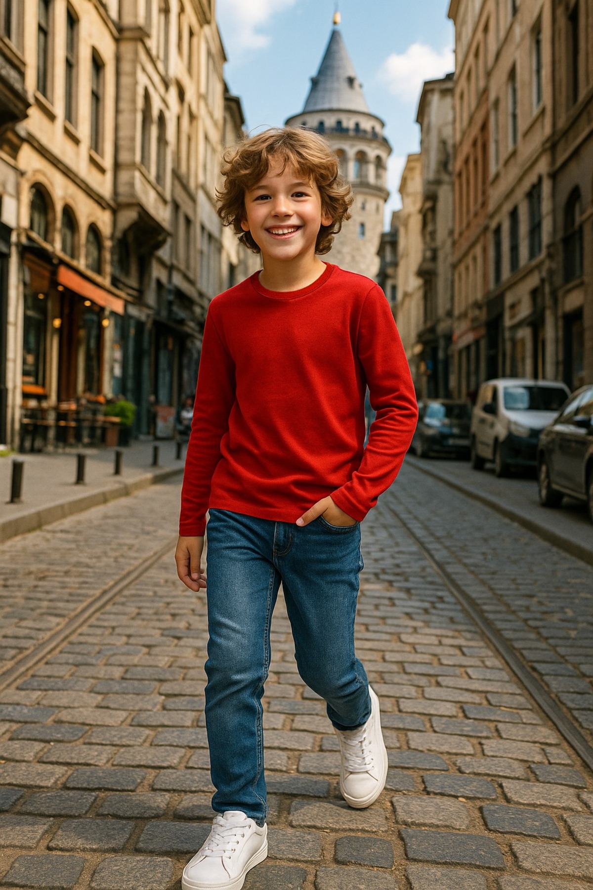 Kırmızı Çocuk Uzun Kollu T-shirt Kız - Erkek Unisex %100 Pamuk