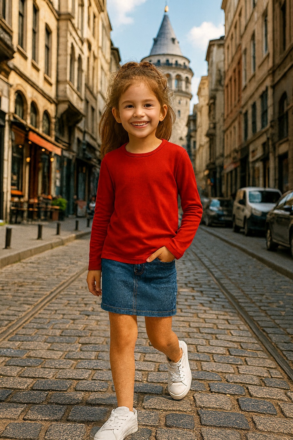 Kırmızı Çocuk Uzun Kollu T-shirt Kız - Erkek Unisex %100 Pamuk - Görsel 2