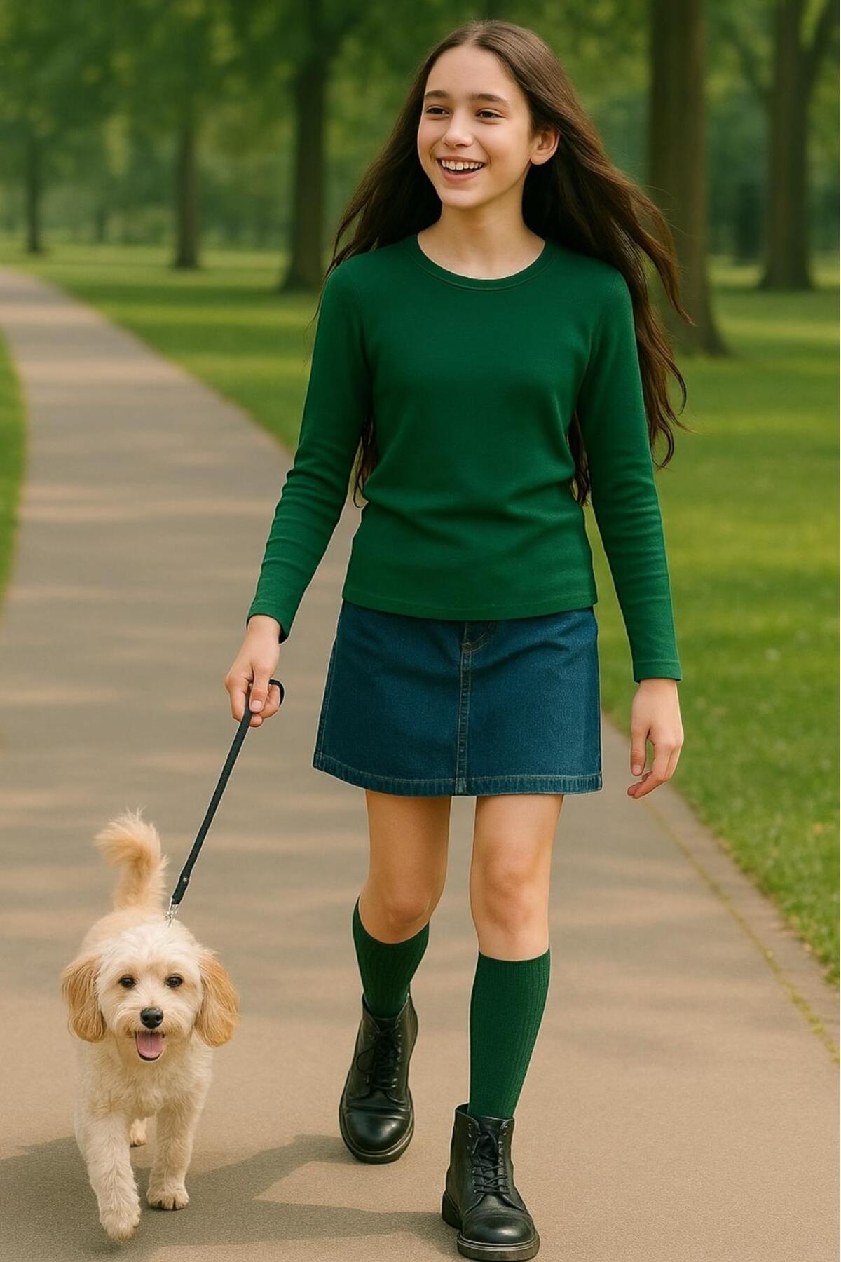 Nefti Yeşil Çocuk Uzun Kollu T-shirt Kız - Erkek Unisex %100 Pamuk