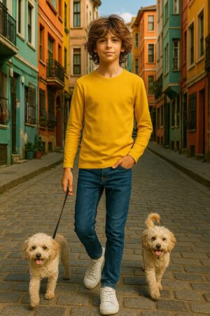 Sarı Çocuk Uzun Kollu T-shirt Kız - Erkek Unisex %100 Pamuk