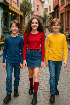 3'lü Süper Pack İndigo/Kırmızı/Sarı Çocuk Uzun Kollu T-shirt Kız - Erkek Unisex %100 Pamuk