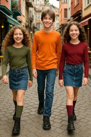 3'lü Süper Pack Oranj/Haki/Bordo Çocuk Uzun Kollu T-shirt Kız - Erkek Unisex %100 Pamuk