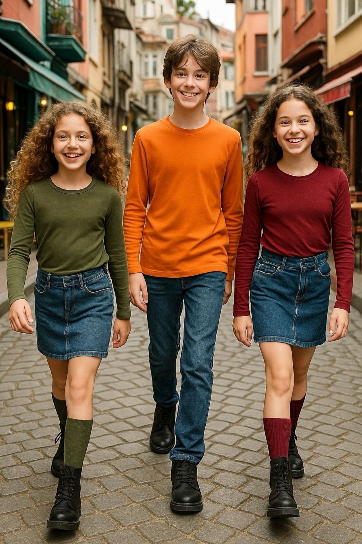 3'lü Süper Pack Oranj/Haki/Bordo Çocuk Uzun Kollu T-shirt Kız - Erkek Unisex %100 Pamuk