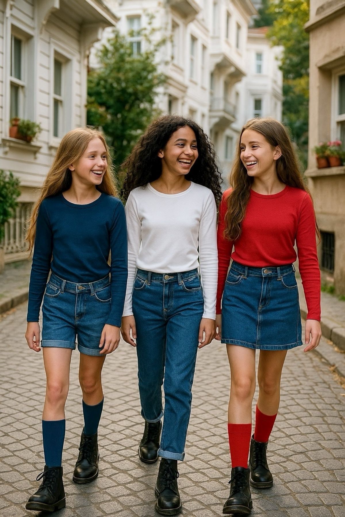 3'lü Süper Pack İndigo/Beyaz/Kırmızı Çocuk Uzun Kollu T-shirt Kız - Erkek Unisex %100 Pamuk - Görsel 2