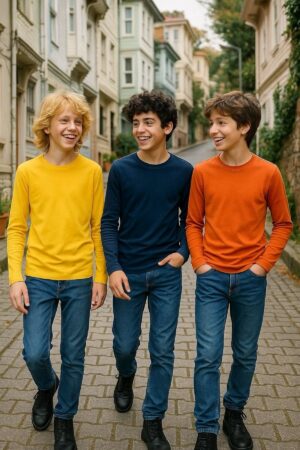 3'lü Süper Pack Sarı/Lacivert/Oranj Çocuk Uzun Kollu T-shirt Kız - Erkek Unisex %100 Pamuk