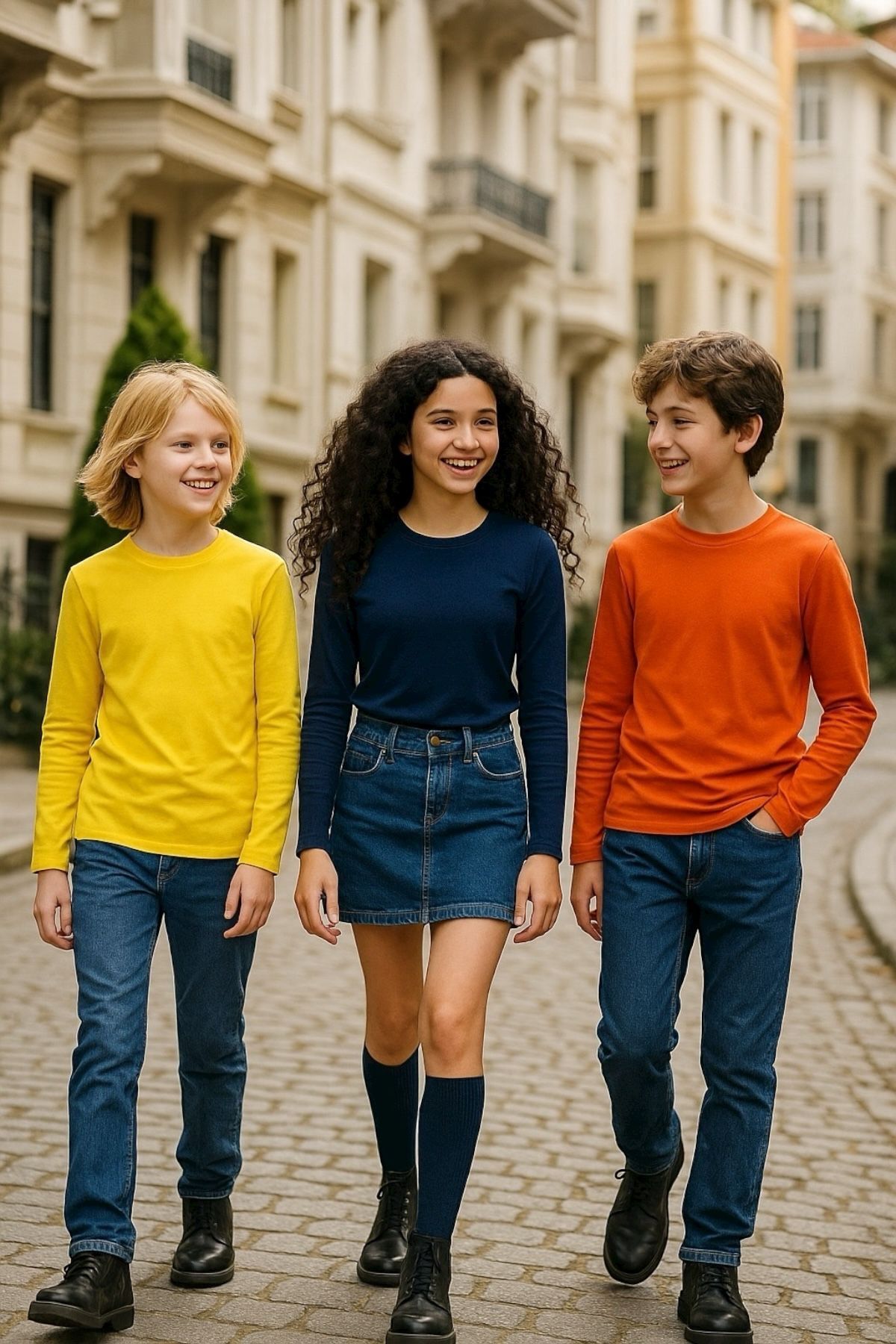 3'lü Süper Pack Sarı/Lacivert/Oranj Çocuk Uzun Kollu T-shirt Kız - Erkek Unisex %100 Pamuk - Görsel 3